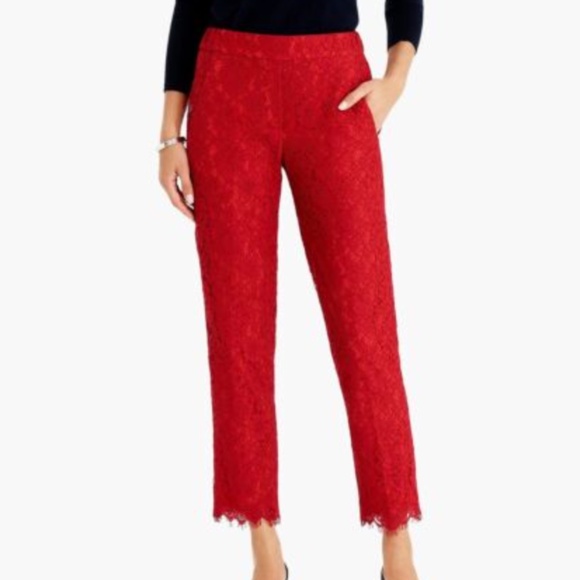 J Crew Holiday Pants! Easy Pant in Lace | Sz 8 | BRIGHT CERISE RED